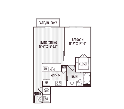Floor plan for 1 bed, 1 bath, 695 sqft